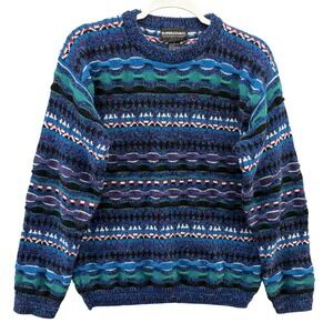 Vintage Expression International 3D Sweater Mens S Blue Striped Hong Kong 90s
